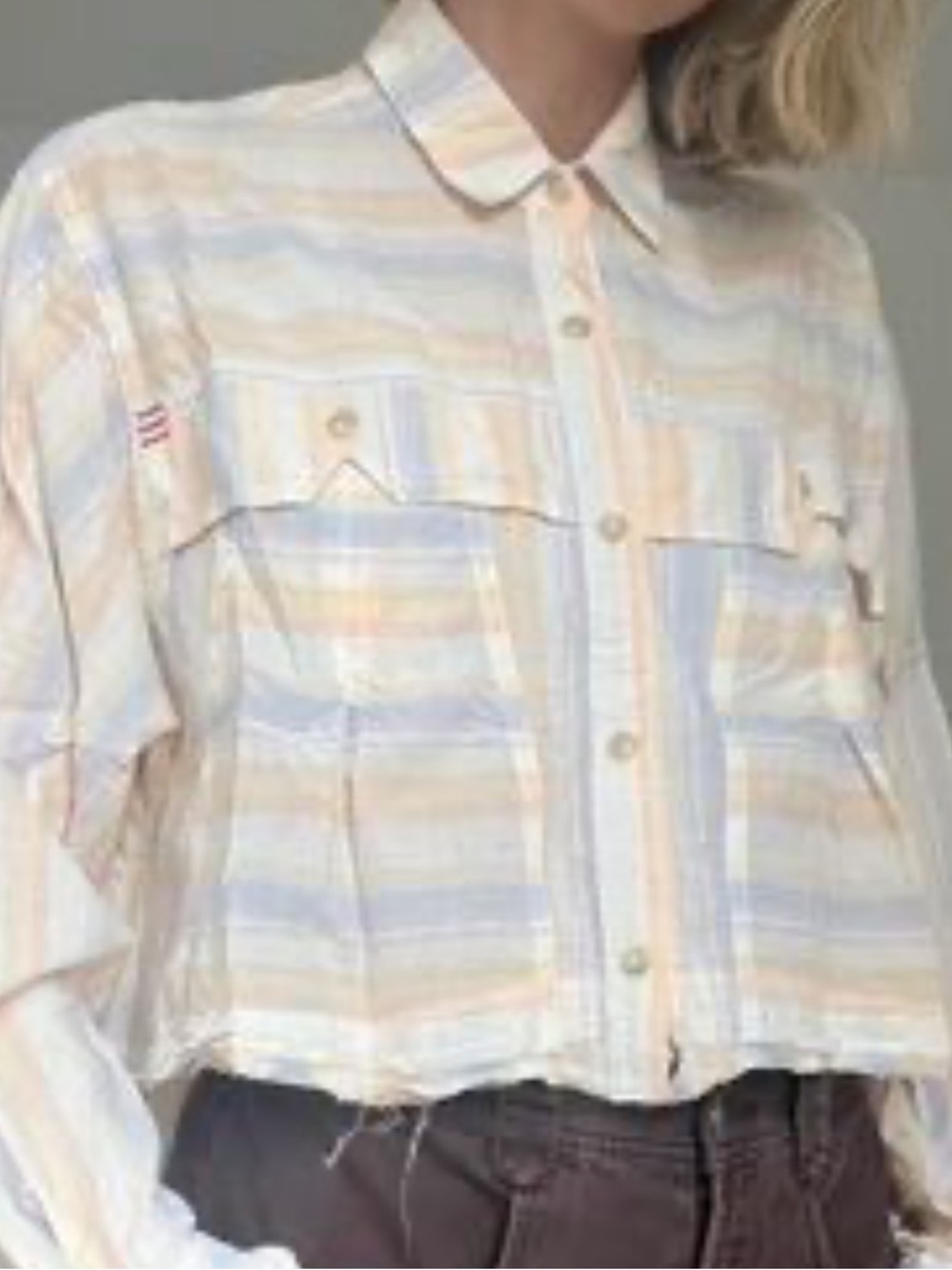 BDG Cream, Pale Yellow & Light Blue Striped Cropped Button-Up shirt